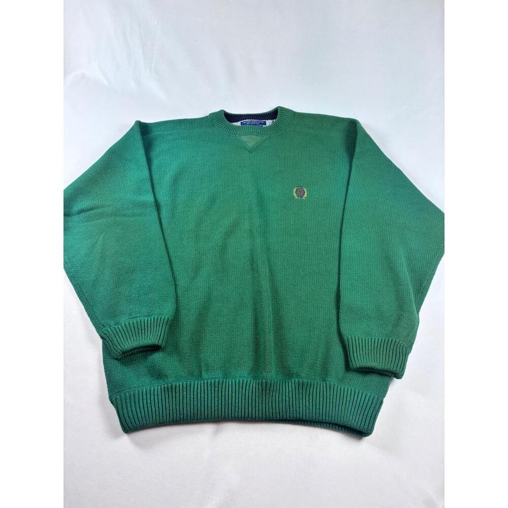 Tommy Hilfiger Mens Dadcore vintage Green Cotton Knit‎ Crewneck Sweater Crest L